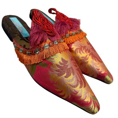 Pavilion Parade Mule Shoe Women 8 Pointed Toe Jacquard Tassle Maximalist Artsy