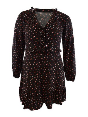 MICHAEL Michael Kors Women's Printed Ruffle-Trim Jersey Dress (L, Black/Sangria)