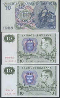 SWEDEN 1968 1990 10 Kronor 3 different EF UNC (FREE SHIPPING over £15)