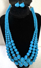 3-Strand Turquoise Beaded Fashion Statement Gold Tone Necklace  Earring Set 17"