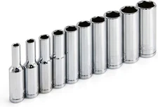 Powerbuilt 10 Piece 1/4 Inch Drive Metric 6 Point Deep Socket Metric, Silver 
