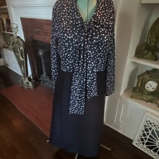Vintage 60s Women's Blue/White Polka Dot A-Line Knee Dress V-Neck Tie Belt M/L