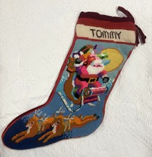 Vtg Needlepoint Christmas Stocking Reindeer Santa Claus Red Velvet  19.5” Tommy