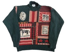 Vintage Miller  s Patchwork Horse Sweater L Green Ramie Cotton Equestrian