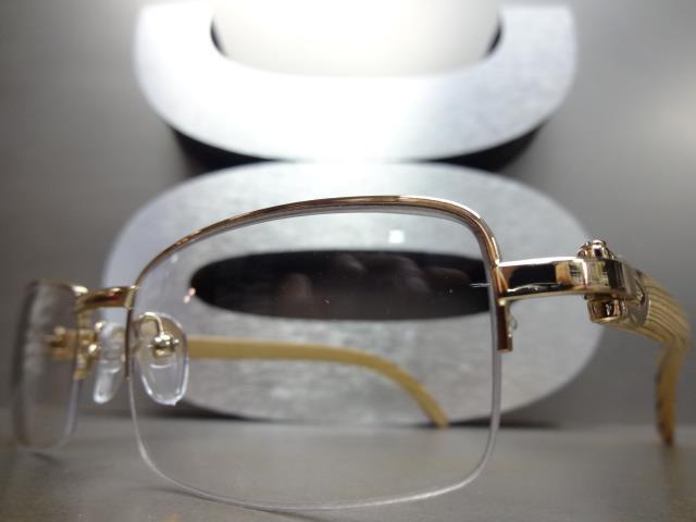 Mens CLASSY Style Clear Lens EYE GLASSES Gold & Wood Wooden Effect Fashion Frame