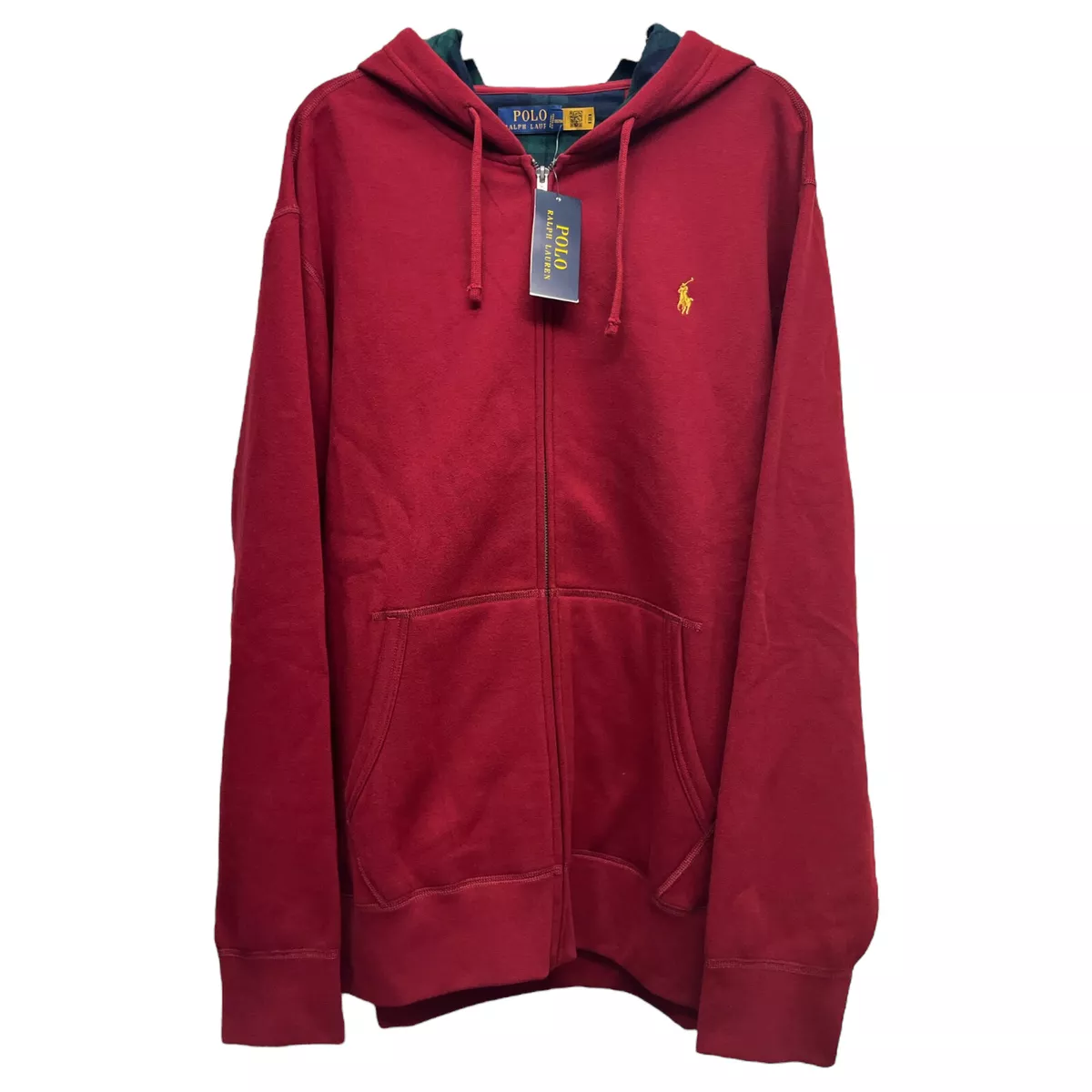 Polo Ralph Lauren Full Zip Hoodie Red Long Sleeve Plaid Hooded Sweatshirt  $148