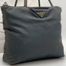 PRADA Tessuto Nylon Tote Bag Handbag Charcoal Grey Black Triangle Logo Plate