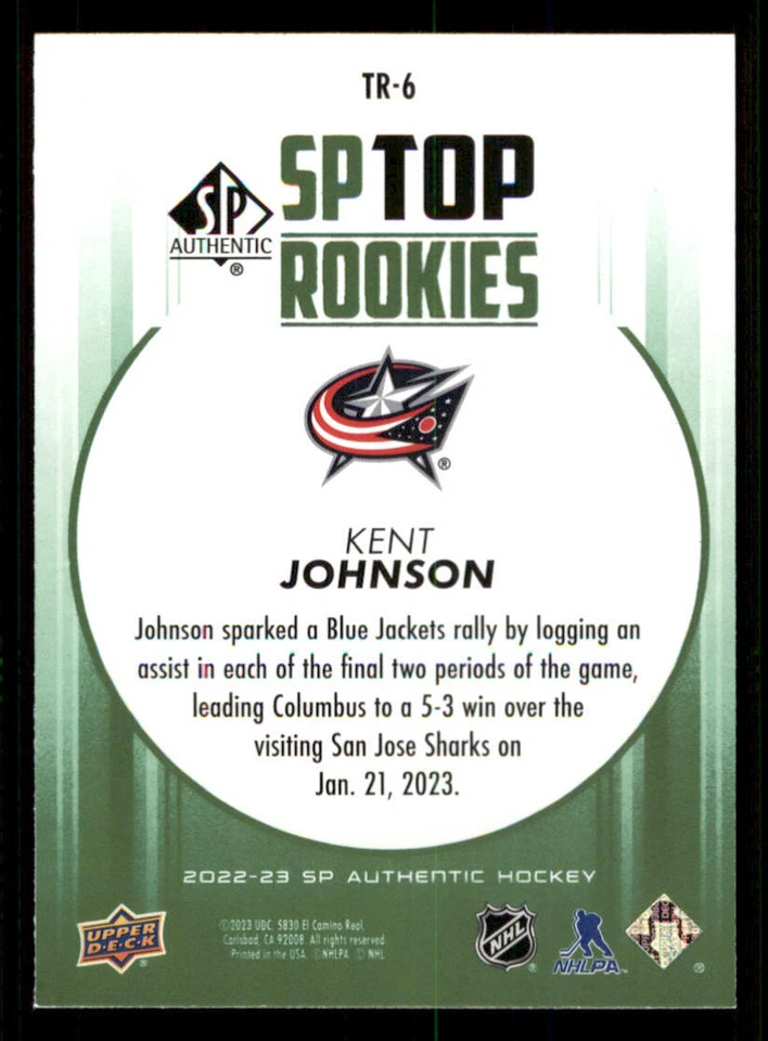2022-23 SP Authentic Top Rookies Green #TR6 Kent Johnson - Image 2 of 2
