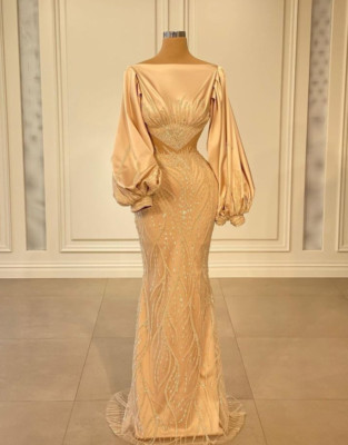 Champagne African Mermaid Evening Dresses Long Sleeves Beaded Dress