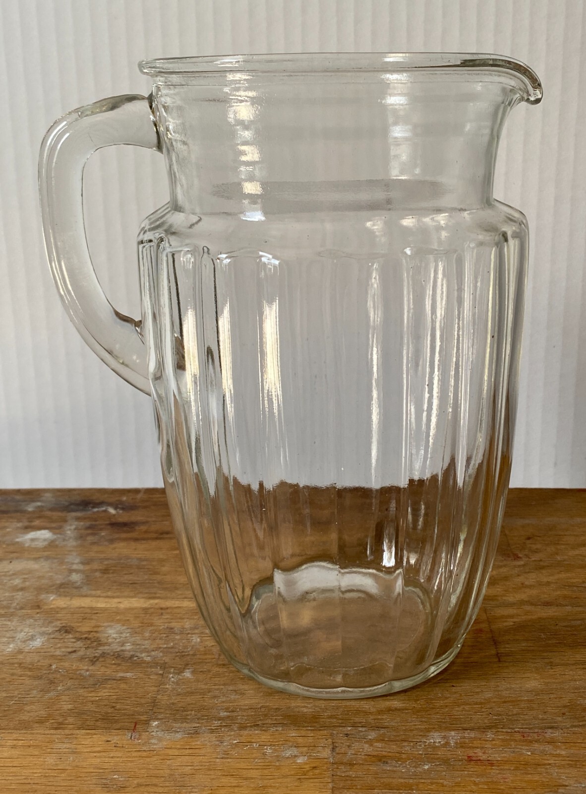 Vintage Ribbed Pressed Glass Pitcher – Clear, Mid-Century Style, Unmarked