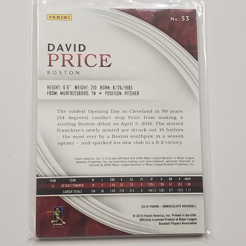 2016 Panini Immaculate Collection #53 David Price Red #/25 - Picture 2 of 2