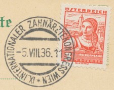 AUSTRIA SPECIAL POSTMARK 1936 "IX. INTERNATIONAL DENTIST CONGRESS VIENNA 5TH VIII