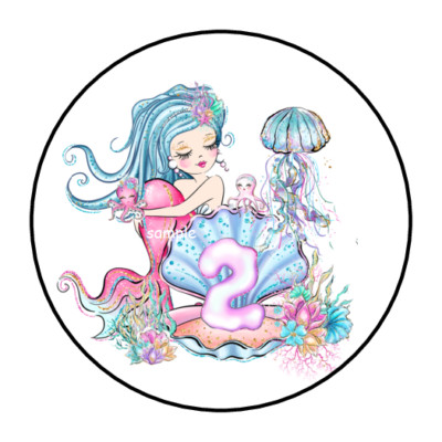 30 MERMAID 2ND SECOND BIRTHDAY ENVELOPE SEALS LABELS STICKERS 1.5'' ROUND OCEAN