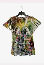 Green Tropical Print Tiered Short Sleeve Jersey Top Blouse Size Medium Slinky
