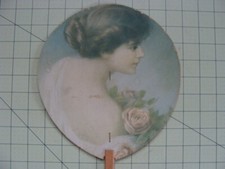 VINTAGE HAND HELD CARDBOARD FAN WOMEN FLOWER