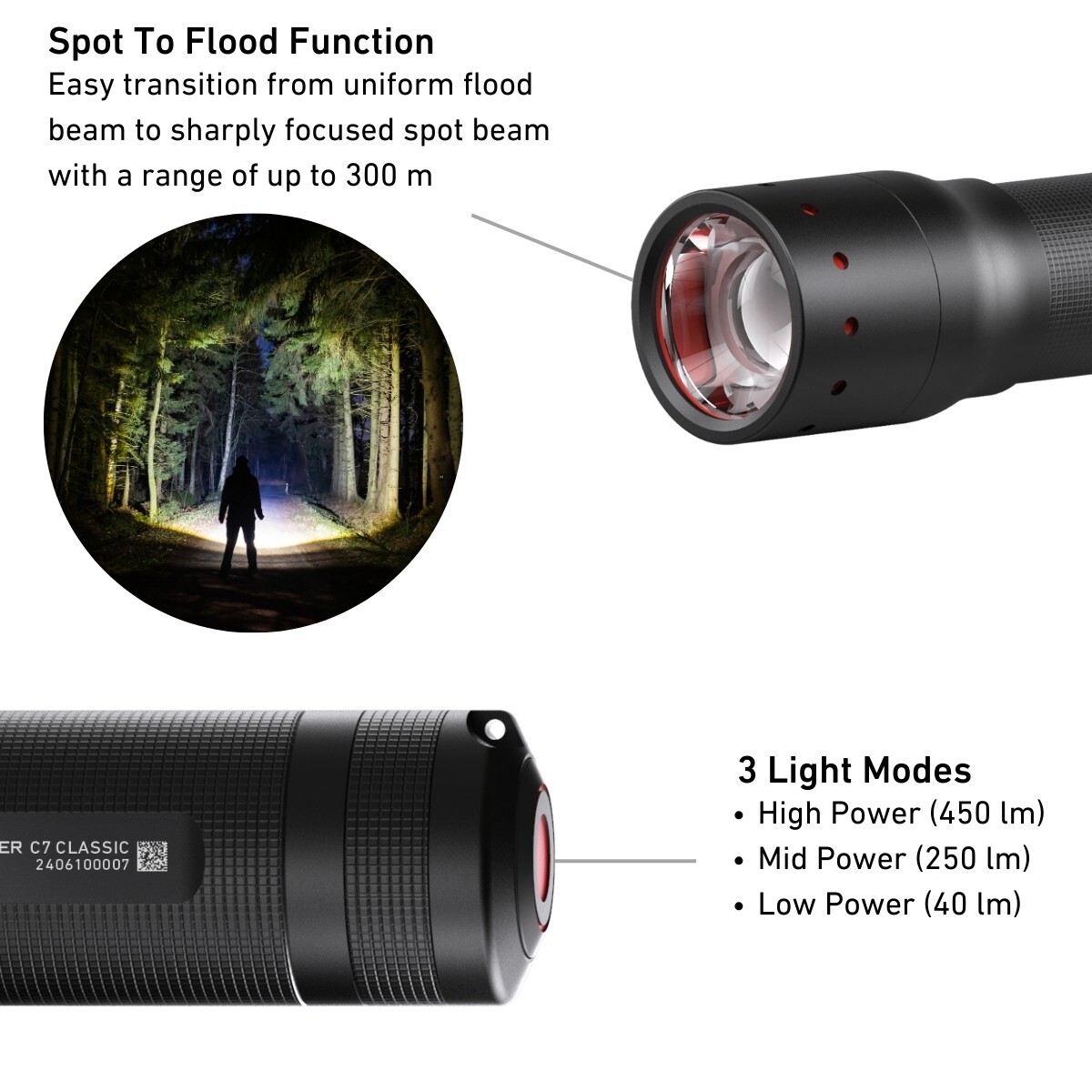 Ledlenser C7 Torch LED, AAA Battery 450 Lumen 300m Beam Super Bright Flashlight