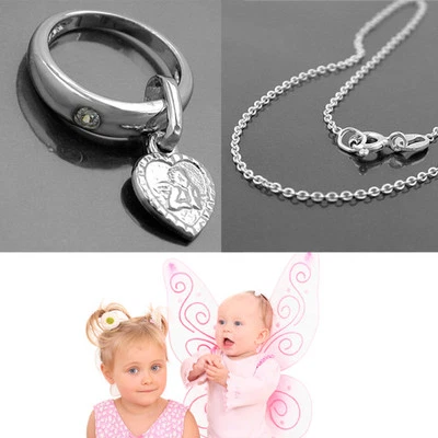 FACHHANDEL-DIREKT Baby Geburt Taufring mit Engel Herz und weißem Zirkonia Silber 925 inkl. Kette