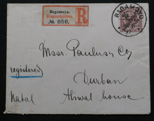 D. Kolonie Ostafrika Nr. 10 auf Einschreibe Brief von Bagamoyo nach Durban