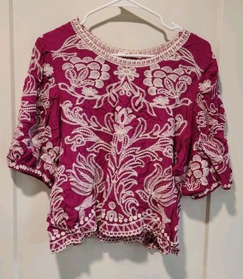 Embroidered Floral Puff Sleeve Crop Blouse Pink White M Boho Spring Solitaire