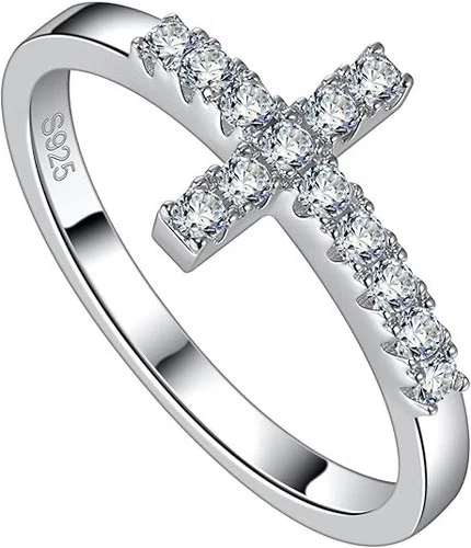 925 Sterling Silver Moissanite Sideways Cross Ring Size 7 Religious Wedding Band