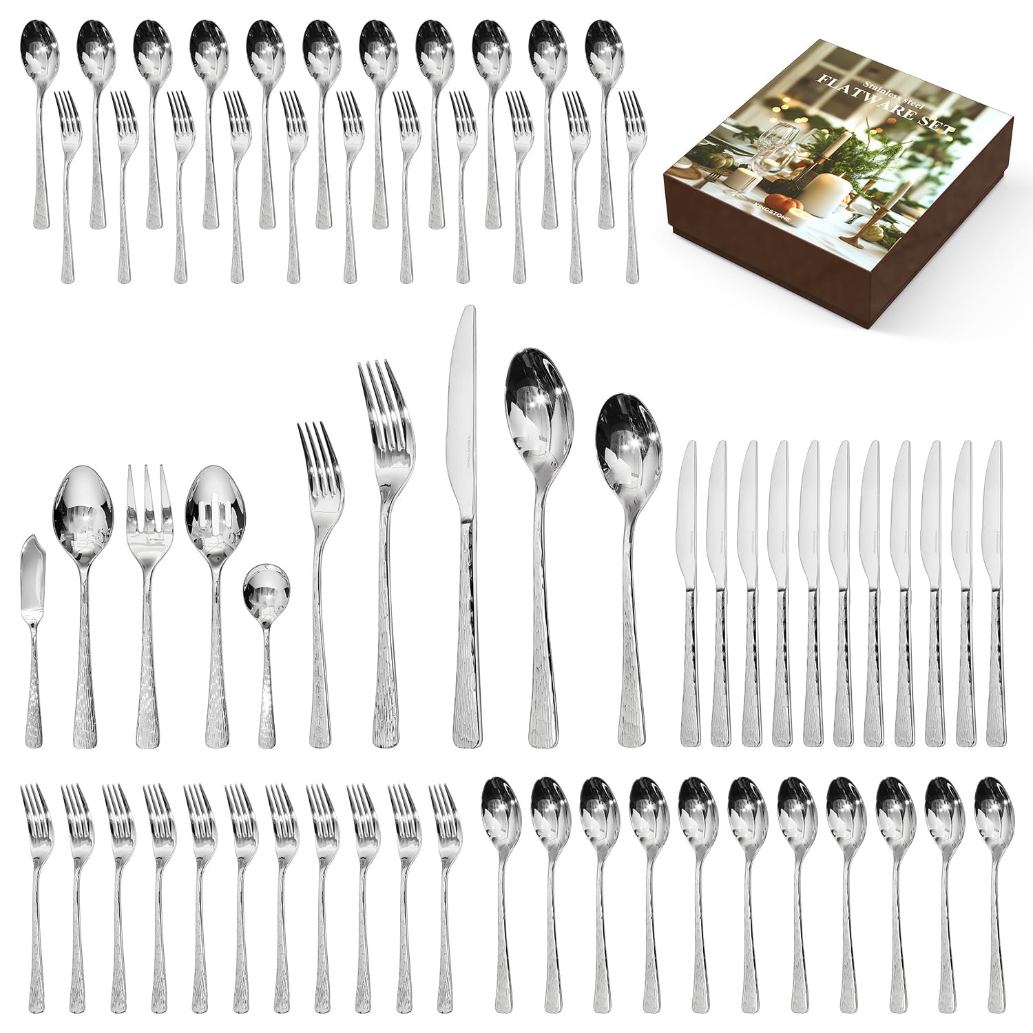 Hammered Silverware Set, Flatware Set with Serving Utensils,