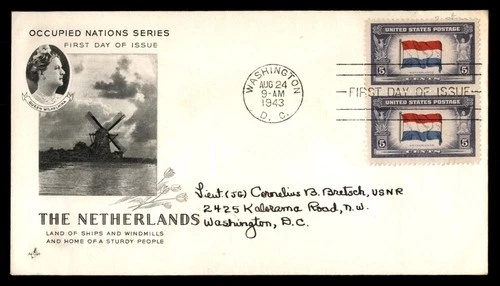 Mayfairstamps US FDC 1943 Flag of Netherlands Windmill First Day Cover aax_23637