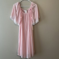 VTG Miss Elaine Pink Flutter Sleeve Nightgown Lace Trim Size Small Antron Nylon