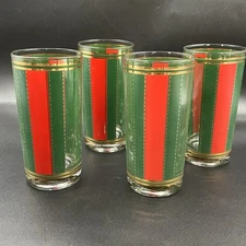 VTG Georges Briard Beverage Glasses BARWARE Christmas Green Red Stripe Gold 12oz