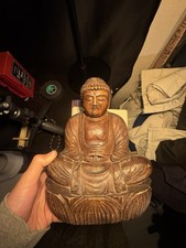 Hand Carved Signed Wooden Buddha Statue Buddhism Crafted Meditate Meditation