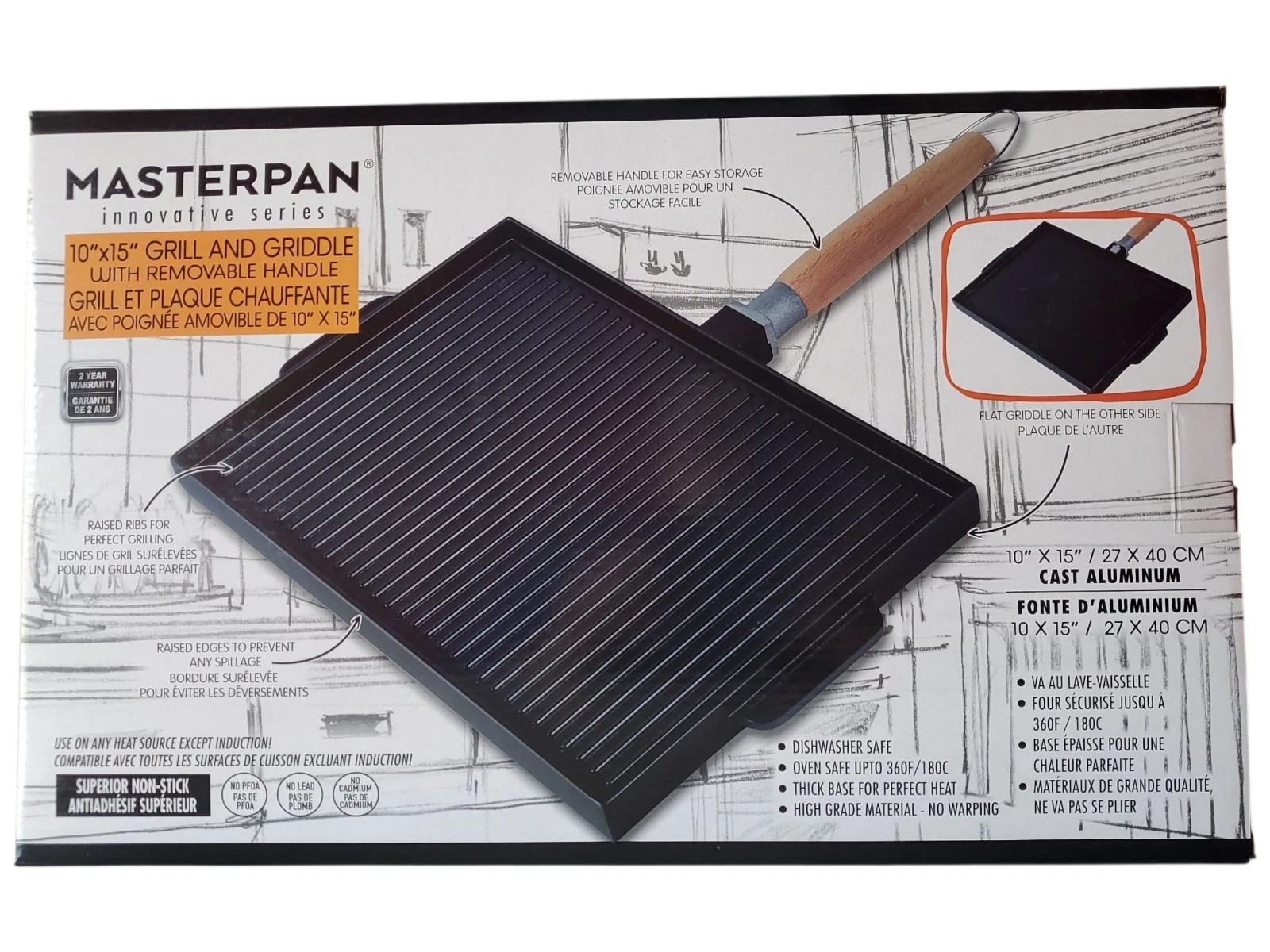 MasterPan 15" Grill & Griddle Pan Non-Stick Cast Aluminum NEW Sealed in Box