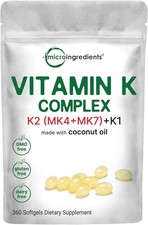 Super Vitamin K Complex K2 MK7  MK4  K1 , 360 Coconut Oil Softgles  Easily A