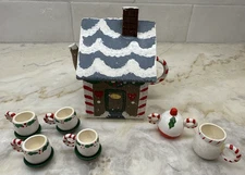 11-Piece Miniature TEA POT Hand Painted Mini GINGERBREAD HOUSE Tea Set Wood Vtg