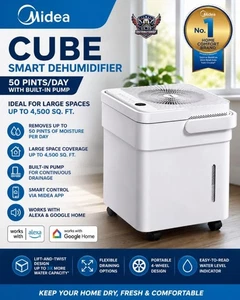 Midea Cube Smart Dehumidifier 50 Pint Built-In Pump WiFi Alexa Google Home White