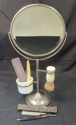 Antique ACME Shaving Stand Mirror Glass Cup Brush Straight Razors Oxford Geneva 