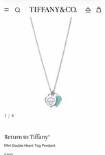   Tiffany  Co. Blue Mini Double Heart Tag Pendant Necklace 16" NEW IN BOX 