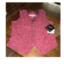 Jane Ashley Suede Burgundy Embroidered Button Vest Style 5144 Sleeveless Size S