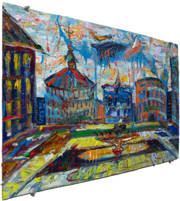 ORIGINAL OIL PAINTING IMPRESSIONIST ARt SIGNED CITY BUILDINGS POP NYC 18 x 30.5''