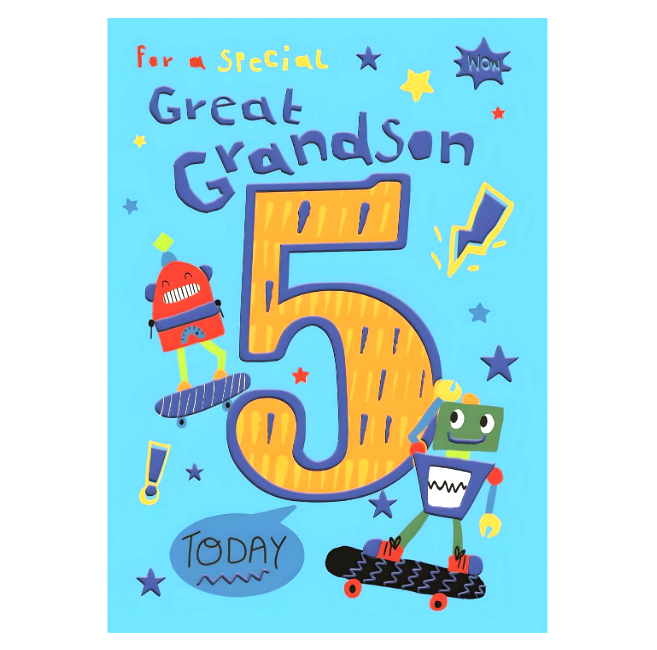 Birthday Card 5th 5 GREAT GRANDSON. *9"", Foil embossed, Paper pages inside*
