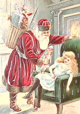 1908 Sants Brown Fur Suit Silver Trim Girl Asleep Toy GERMANY Christmas Postcard