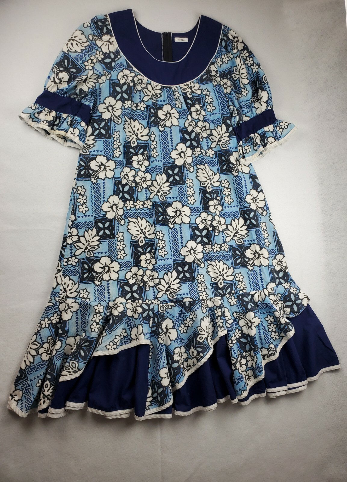 Vtg Winnie Fashion Blue Hawaiian Hibiscus Dress MuuMuu Kimono Womens XL image 2