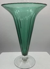 Blenko Hand Blown Teal Green Glass 11 3/4" Trumpet Vase Vintage