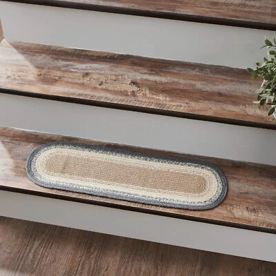 VHC BRANDS Finders Keepers Oval 8.5x27 Jute Stair Tread Latex Tan Grey Country Primitive