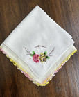Vintage Handkerchief Hankies Set of 2 Micro Embroidered Roses Crochet Edge