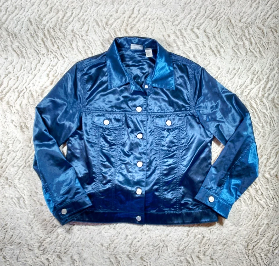 Blazer para mujer CHICO'S azul satinado mezcla de algodón botón plateado, talla 2 (14) Foto 2 de 4