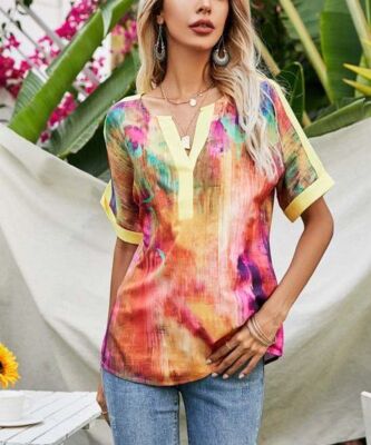 Camisa Red Tie-Dye Contrast-Trim Notch Neck Top Size Medium NWOT