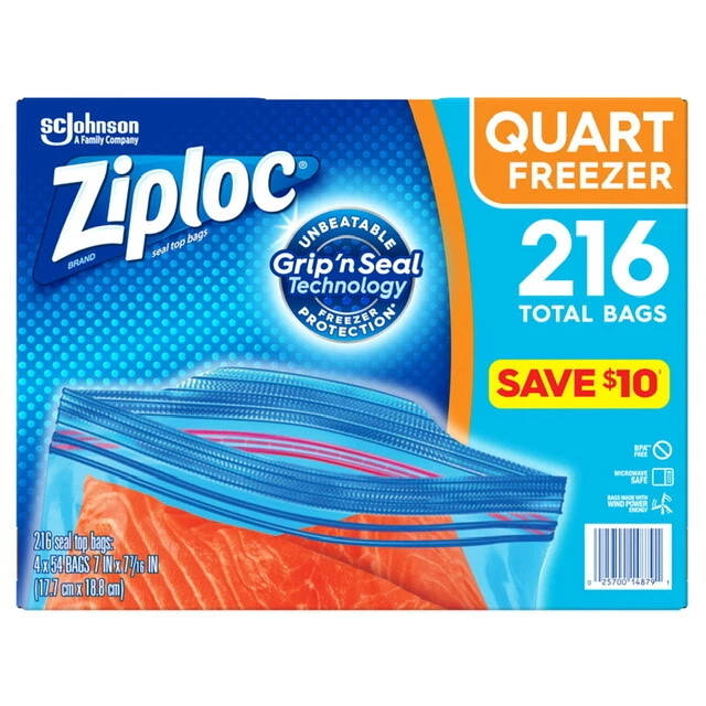 Ziploc Easy Open Tabs Storage Freezer Quart Bags (216 Ct) Great