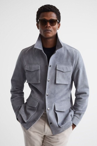 New Men's Gray Suede Patch Pocket Jacket Soft Sheepskin Stylish Slim Fit Jacket - 第 1/5 張圖片