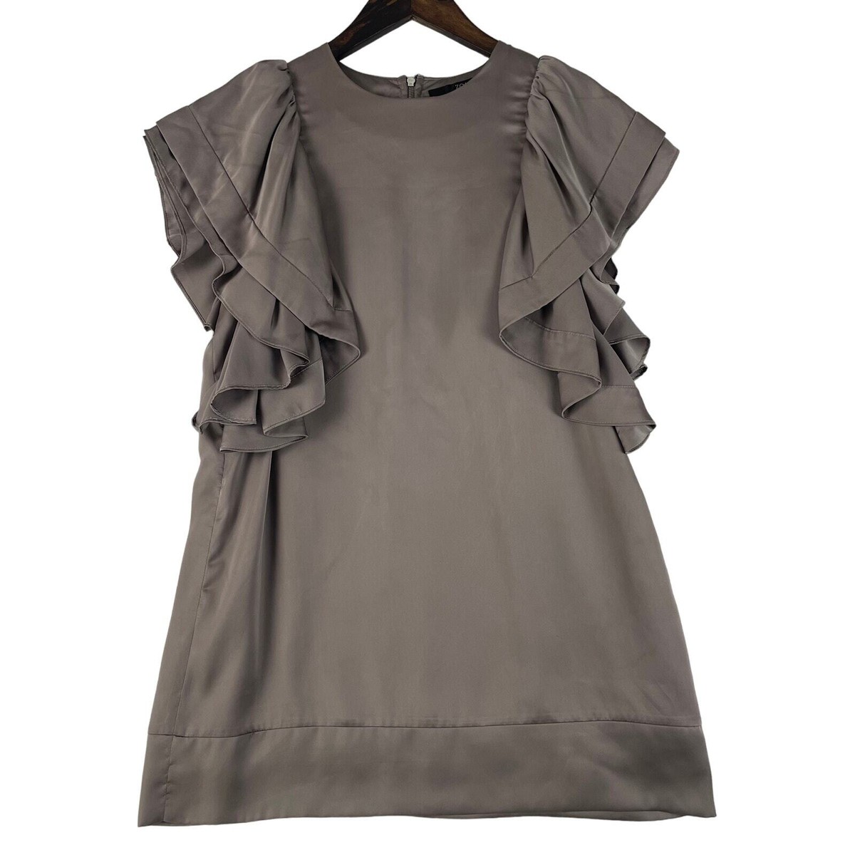 ZOA New York Mini Dress Wimen's SZ SM Ruffle Arm Detal Tan Satin Color GUC  | eBay