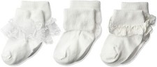 Jefferies Socks Baby Girls Fancy Lace Eyelet Trim White Turn Cuff 3 PK