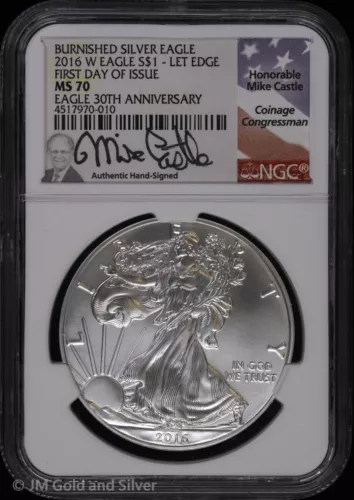 2016 W Burnished American Silver Eagle NGC MS 70 | Let Edge FDOI Castle Signed